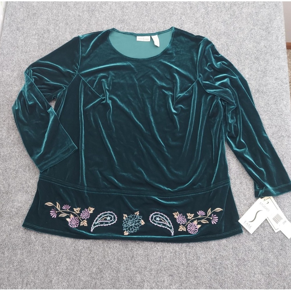 Studio Ease Shirt Womens 20W Green Velvet Embroidered Floral Paisley Long Sleeve